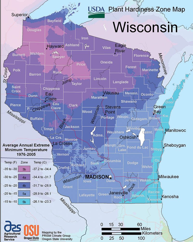 Wisconsin Plant Hardness Zone Map